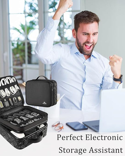 MATEIN Cable Organizer Bag, Waterproof Travel Electronic Storage, Shockproof Portable Double Layer Tech Bags Carrying Case for Cord, Earbuds, Charger, SD Card, DJ Gifts, Black