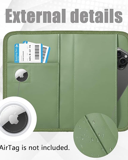 GOAUS Passport Holder with AirTag Slot, PU Leather Travel Document Organizer, Multiple RFID Blocking Wallet for Family of 4 to 6 Green