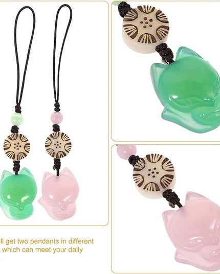 Zerodeko 2 pcs Fox Jade Agate Phone Pendants Green Pink Hanging Charms for Bags Key Chains Stylish Cell Phone Accessories Gift for Women
