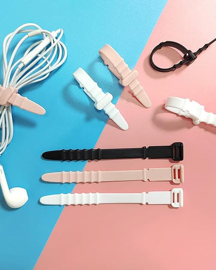 Silicone Zip Ties, Reusable Zip Ties, 20pcs Rubber Cable Ties Straps for Wire Management, Elastic Cable Organizer for Home Office Table Desk. 4.5” Cord Ties in White, Black, Pink, Purple and Blue