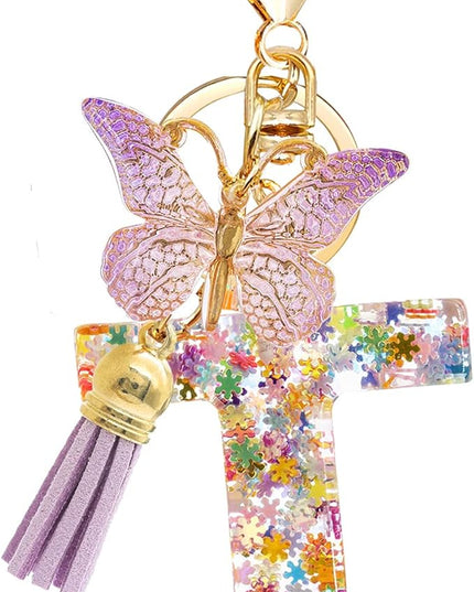 Fashion Alphabet Initial Letter Keychain Tassel Butterfly Pendant Key Ring for Purse Handbags Women Girl