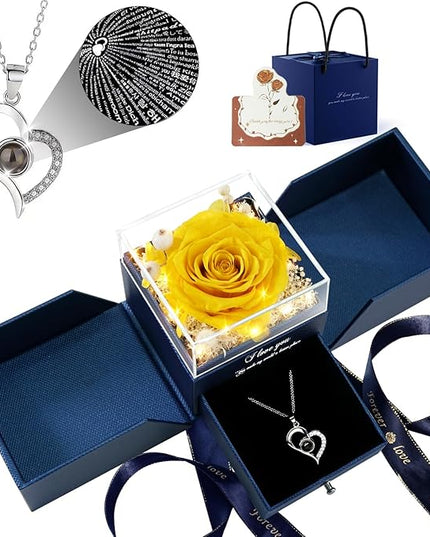 Birthday Gifts for Women, Preserved Real Roses with Heart Necklace I Love You in 100 Languages, Romantic Anniversary Wedding Gifts for Women Her Girlfriend Wife, Forever Roses Necklace Gift Box Yellow