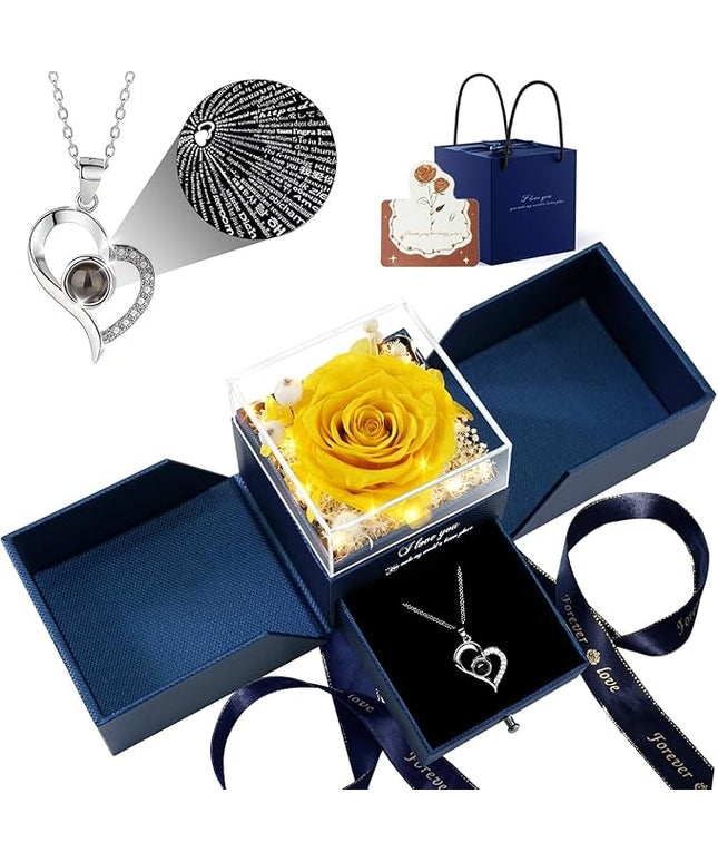 Birthday Gifts for Women, Preserved Real Roses with Heart Necklace I Love You in 100 Languages, Romantic Anniversary Wedding Gifts for Women Her Girlfriend Wife, Forever Roses Necklace Gift Box Yellow