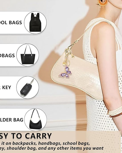 XGALBLA Cute Bling Crystals Rhinestone Butterfly KeyChain with Heart Pendant, Lovely Bag Charms for Handbags Purse Accessory