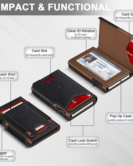 Wallet for Men Wallet with Slim Pop Up Card Holder 9-13 Cards, Bifold Minimalist Smart Wallet RFID Blocking Credit Card Holder with ID Window & Stretchable Cash Slot Compact Metal Aluminum Card Case