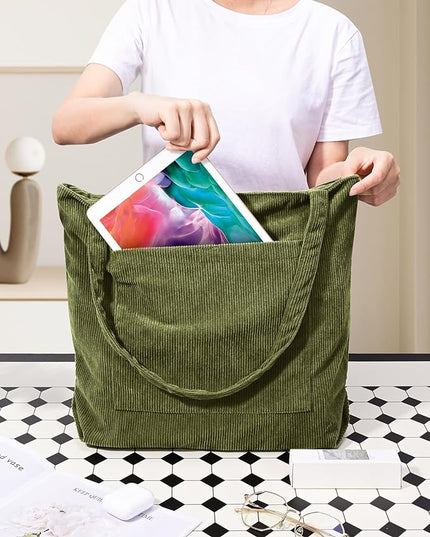 Iioscre Corduroy Tote Bag for Women,Hobo HandBags with Zipper,Large Capacity Casual Shoulder Handbags with Inner Pockets