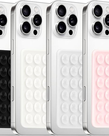 4Pack Silicone Suction Phone Case Mount, Silicon Adhesive Smartphones Stand Sticky, Hands-Free Phone Accessories Holder for Selfies and Videos (Black & White & Translucent & Light Pink)