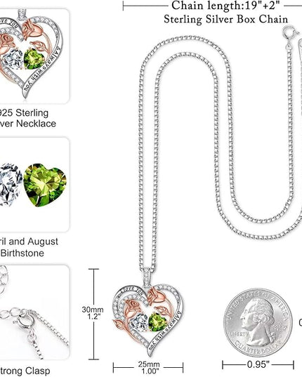 Iefil Christmas Gifts for Women Wife - 925 Sterling Silver Rose Heart Birthstone Necklace Birthday Anniversary Jewelry Gifts for Her Wife Mom Daughter