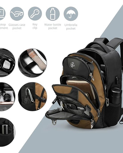 Swissdigital Design Laptop Backpack, Travel Backpack with USB Charging Port Fits 15.6 inches Computer, 31L College School Bookbag for Men,Tan/Black | SD803-34