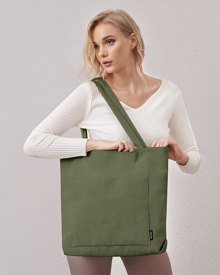 Prite Corduroy Tote Bag for Women Large Shoulder Bag with Zipper and Pockets for College Work Travel Shopping