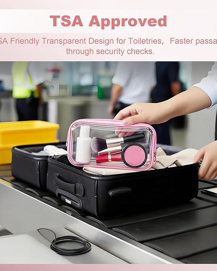 5 Pack Clear Hard Shell Zipper Pouches, TSA Friendly Transparent Design for Toiletries & Electronics, Crush-Resistant Storage for Carry-On Travel (Pink)