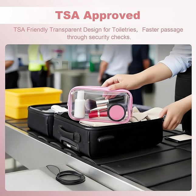 5 Pack Clear Hard Shell Zipper Pouches, TSA Friendly Transparent Design for Toiletries & Electronics, Crush-Resistant Storage for Carry-On Travel (Pink)