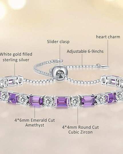 Birthstone Tennis Bracelets for Women White Gold Sterling Silver Gemstone Bracelets Adjustable Chain 6-9 Inchs Jewelry Anniversary Birthday Gifts for Women Mom Wife Her