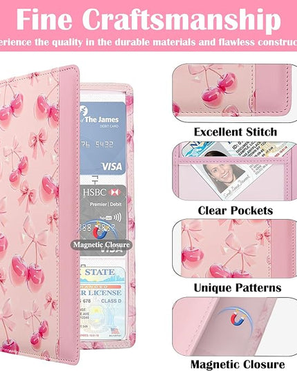 Car Registration and Insurance Holder with Magnetic Closure, Universal Document Organizer for License, Insurance Cards & Glove Box Storage (Cherry-Pink)