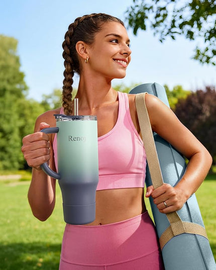 Renoj Tumbler with Handle 100% Leak Proof Insulated Water Bottle for Iced Coffee & Hot Drinks - Fits Car Cup Holder, Ideal Gift, 2 Straws & Silicone Boot BPA-Free - SnapShift Blue Gradient 40 oz