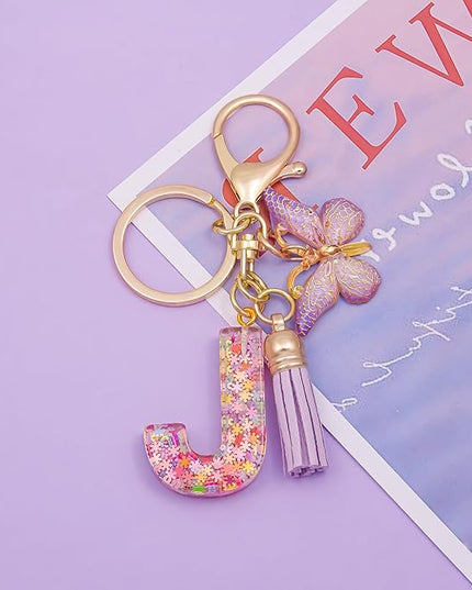 Fashion Alphabet Initial Letter Keychain Tassel Butterfly Pendant Key Ring for Purse Handbags Women Girl
