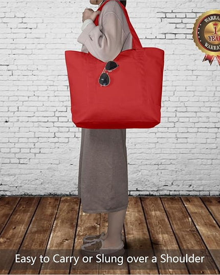 TOPDesign 3-Pack Canvas Tote Bags with an External Pocket, Reusable Grocery Shopping Bags, Top Zipper Closure, Daily Essentials (Red)