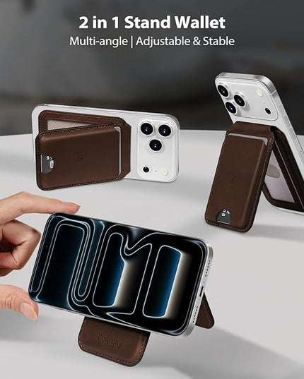 Belemay Strong Magnetic Wallet for MagSafe with Adjustable Stand, Full-Grain Leather Card Holder, Up to 5 Cards, RFID Blocking, Slim for iPhone 17/16/15/14/13/12 Series Men & Women - Bourbon Brown