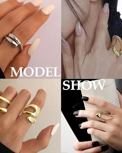 Chunky 14K Gold Plated Stackable Rings Set for Women,Vintage Knuckle Rings Dainty Hollow Carved Joint Finger Midi Rings Pack Adjustable Signet Mixed Size
