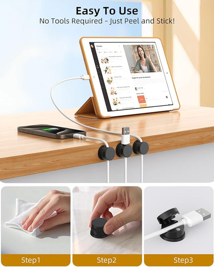 Cord Holder, Swiveling Cord Organizer, Magnetic Cable Clips for Desk, 6 Pack Cable Organizer for Nightstand, Adhesive Cable Holder Cable Management Clips for Car Home Office (Black)