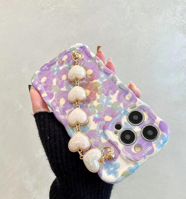 Compatible with iPhone 13 Pro Max Case Soft TPU Sparkling Purple Flower Oil Painting, with Luxury Heart Bracelet, Fashionable Wave Edge Shape, Drop and Shock Resistant, for Women and Girls