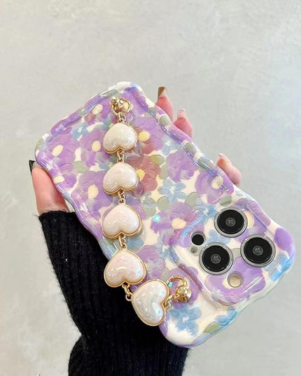 for iPhone 14 Pro Case, [Sparkling Purple Flower Oil Painting] [with Luxury Heart Bracelet] [Fashionable Wave Edge Shape] Soft TPU Drop and Shock Resistant for Women and Girls 6.1"