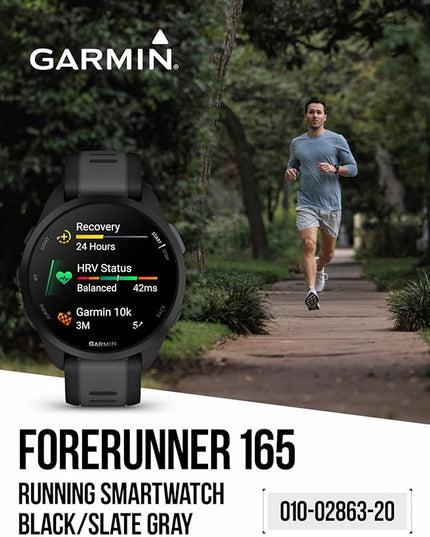 Wearable4U - Garmin Forerunner 165 Running Smartwatch, Colorful AMOLED Touchscreen, Training Metrics and Recovery Insights Includes PowerPack, Adapters Bundle, Black/Slate Gray
