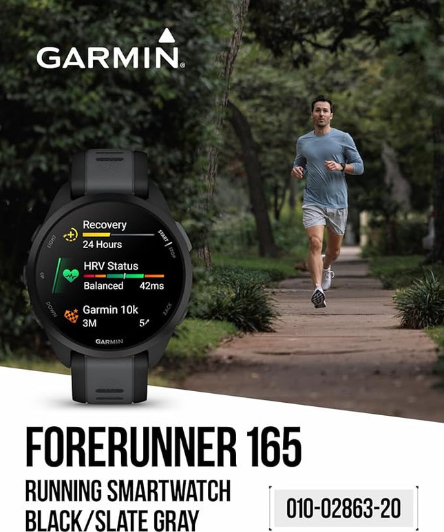 Wearable4U - Garmin Forerunner 165 Running Smartwatch, Colorful AMOLED Touchscreen, Training Metrics and Recovery Insights Includes PowerPack, Adapters Bundle, Black/Slate Gray