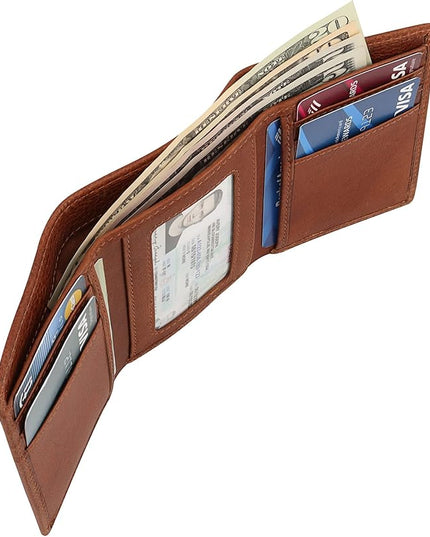 BOTANNER Genuine Leather Mens Trifold Wallet RFID Blocking with 6 Credit Card Slots 1 ID Window Section for Bills 2 Hidden Pockets | Tan