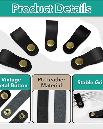 20 Pcs Leather Cord Organizer - Black Leather Cord Ties for Charging Cords, Reusable Charging Cable Organizers