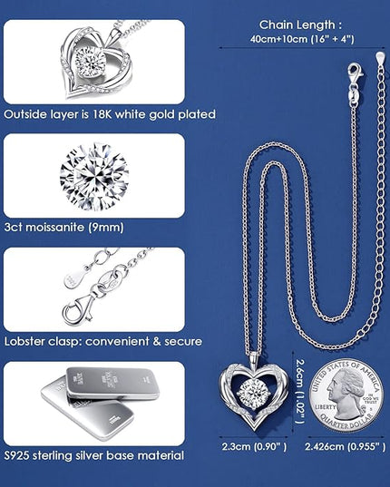 Beam & Bask 2-3 Ct Moissanite Heart Necklaces for Women, 18K Gold Plated Romantic Pendant for Anniversary Birthday, 925 Sterling Silver Jewelry for Wife Girlfriend Mom Her