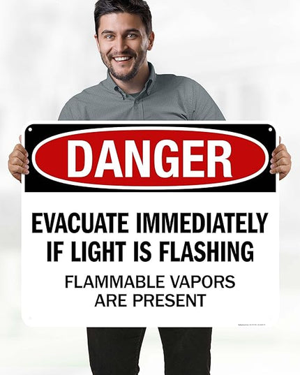 Danger Evacuate Immediately If Light is Flashing Flammable Vapors are Present Sign, 24x30 Inches, 55 mil thick HDPS (high density polystyrene), Made in USA by My Sign Center
