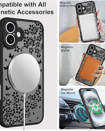 Cute Case for iPhone 16 Case with Stand [ Compatible with MagSafe ] Kawaii Black Cat & Floral & Butterflies Pattern Design 360 Magnetic Ring Kickstand Phone Cover for Women Girls Boys