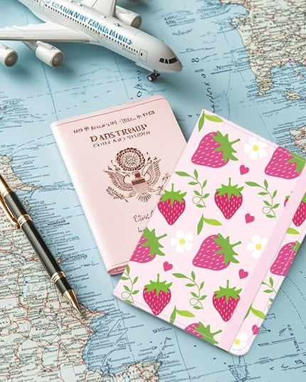 Strawberry Leather Passport Holder Cover Pink Hearts Flower Travel Wallet Passport Case with Credit Card Slots for Women Men Travelling Essentials for Flying