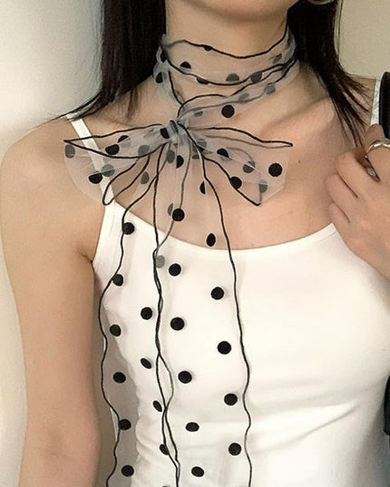 Bohemian Polka Dots Scarf for Women Delicate Lace Long Wrap Choker Necklace Graceful Ribbon Tie Neckerchief Layered Sweet Spicy Choker Fashion Soft Gauze Necklace Jewelry Gift