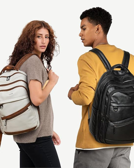 43L Backpack for Women Men - Vegan Leather Backpack Purse Travel Carry-on Bag College Bookbag Work fits 17" Laptop, Black