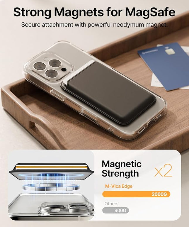 Sinjimoru Magnetic Card Wallet, Premium Vegan Leather Phone Wallet for MagSafe 3-Card Holder Compatible with iPhone 17 Pro Max Air 16 15 14 13 Series. M-Viica Basic Carbon Black