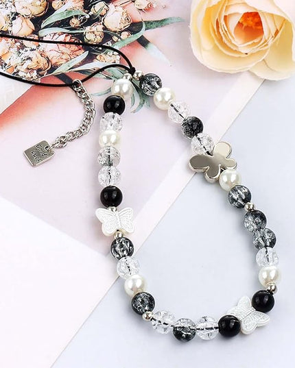 Draupnir 4pcs Phone Charms Strap, Butterfly Bow Camera Strap Wrist Beaded Phone Bracelet Wrist Straps, Pearl Bracelet Lanyard Keychain Charm for Women