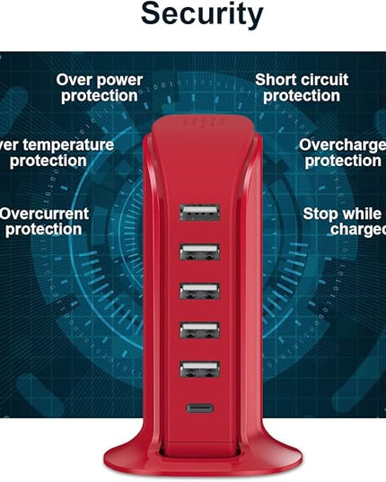 USB Phone Charger 6 Ports 40W Upoy, Type C Wall Charger Smart 6A, Charging Tower with 5ft Power Cord, USB Power Adapter Fast Charging, Smart Home Device Charging Station, iPhone/Ipad Accessories