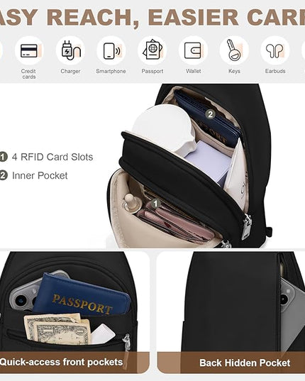 Sling Bag for Women, Anti-Theft RFID Crossbody Bag Nylon Sling Purse for Travel, Puffy Small backpack for Daily Hiking Sports Black