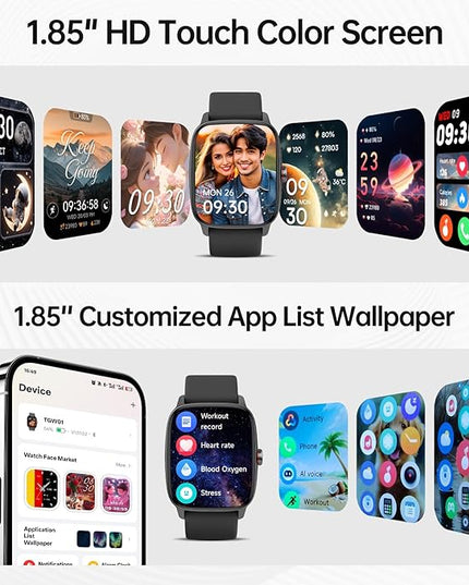 Smart Watches for Women Men with Bluetooth Call & AI Voice, 1.85" HD Fitness Tracker with Heart Rate SpO2 Sleep Monitor, 100+ Sports Modes,Mini Games, IP68 Waterproof Smartwatch for Android iOS Phones
