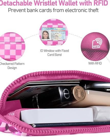 Clip and Go Strap for Phone with Wallet Crossbody Phone Lanyard and Detachable Checkered Bag with ID Window and RFID Pouch for Daily Travel.