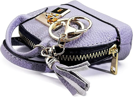 Cute Genuine Leather Keychain Coin Purse for Women with Tassels Mini Change Pouch Brown (Light Purple)