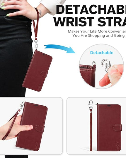 TUCCH Wallet Case for iPhone 16 with [Wrist Strap], Magnetic Closure RFID Blocking 4 Card Slot, Stand Shockproof TPU Shell PU Leather Folio Compatible with iPhone 16 2024, Dark Red with Wristlet