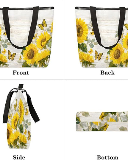 Pardick Canvas Tote Bags, Sunflower Wood Butterfly Tote Bag Eco Friendly Reusable Grocery Shopping Bagsfor Beach, Books, Women with Zipper Inner Pocket
