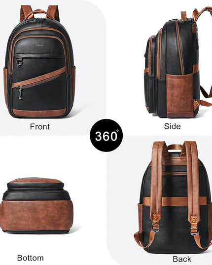 43L Backpack for Women Men - Vegan Leather Backpack Purse Travel Carry-on Bag College Bookbag Work fits 17" Laptop,Black&Brown