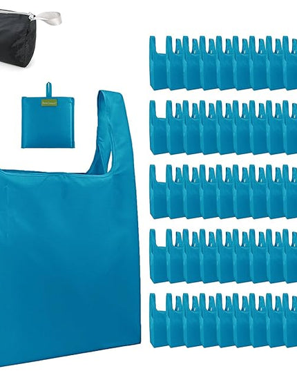BeeGreen Light Blue Reusable Grocery Bags Wholesale Blue Reusable Kitchen Bags Bulk Foldable-Machine Washable with Zipper Storage Pouch 50 Packs