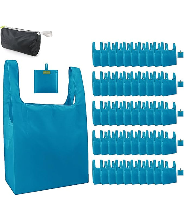 BeeGreen Light Blue Reusable Grocery Bags Wholesale Blue Reusable Kitchen Bags Bulk Foldable-Machine Washable with Zipper Storage Pouch 50 Packs