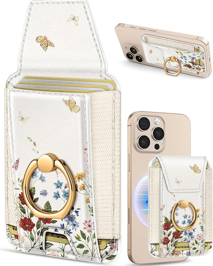 Shorogyt Compatible with Magsafe Wallet with Grip Magnetic Card Holder - Cute Phone Wallets with Ring Stand for iPhone 17/16/15/14/13/12 Series for Women Girls Retro Bouquet Design, Fit 7 Cards