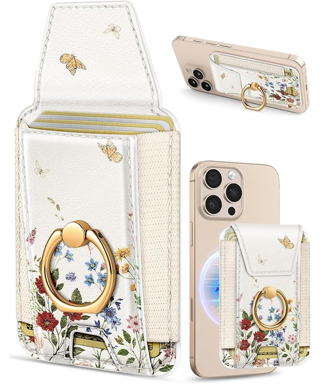 Shorogyt Compatible with Magsafe Wallet with Grip Magnetic Card Holder - Cute Phone Wallets with Ring Stand for iPhone 17/16/15/14/13/12 Series for Women Girls Retro Bouquet Design, Fit 7 Cards